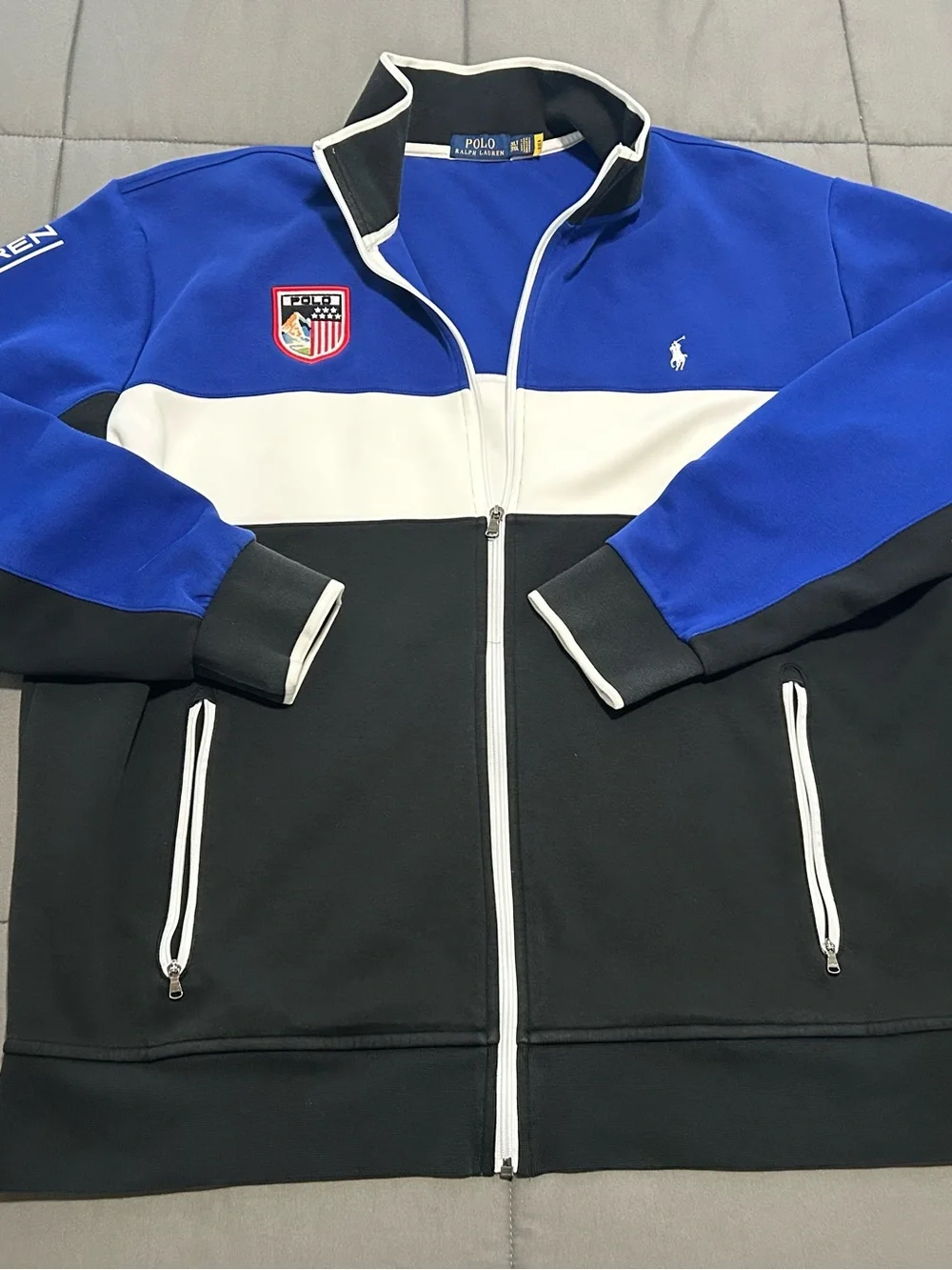 Polo by Ralph Lauren Men’s Blue/White/Black Colorblock Track Jacket